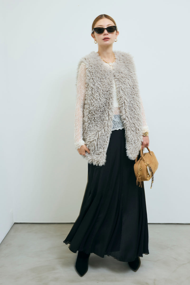 [予約/SET]プードルファーベスト+プリーツシアー切り替えスカート(2set)