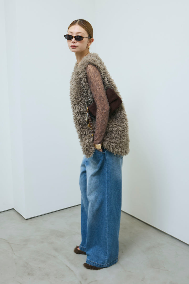 [予約/SET]プードルファーベスト+シアーレーストップス+フロントジップストラップデザインデニムサロペット(3set)