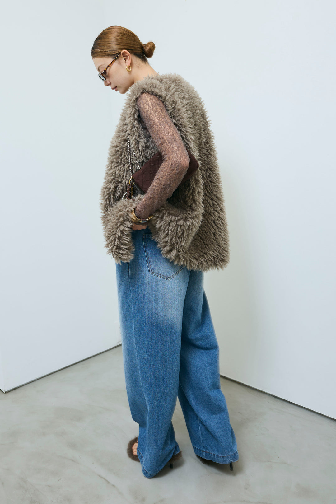 [予約/SET]プードルファーベスト+シアーレーストップス+フロントジップストラップデザインデニムサロペット(3set)