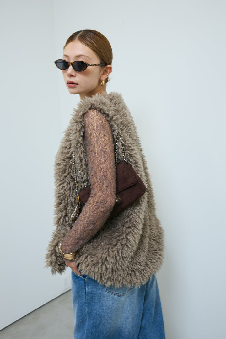 [予約/SET]プードルファーベスト+フロントジップストラップデザインデニムサロペット(2set)