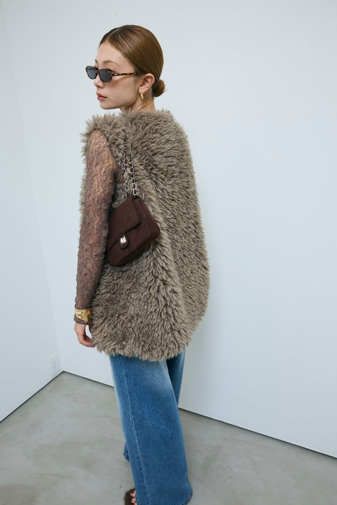 [予約/SET]プードルファーベスト+フロントジップストラップデザインデニムサロペット(2set)