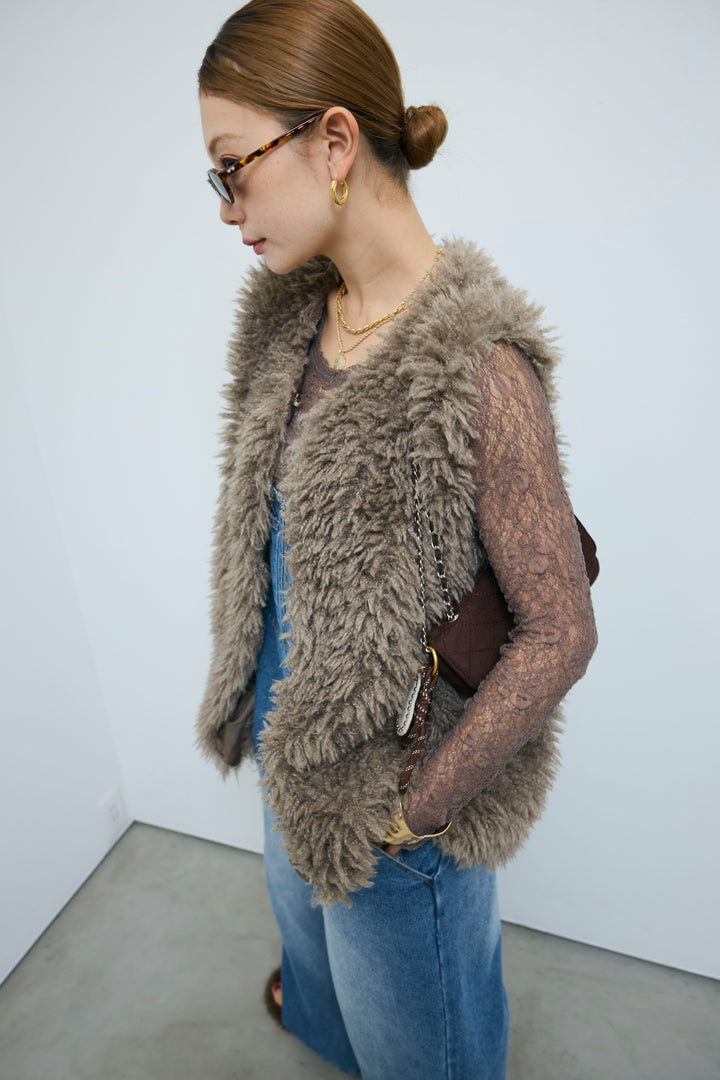 [予約/SET]プードルファーベスト+シアーレーストップス+フロントジップストラップデザインデニムサロペット(3set)