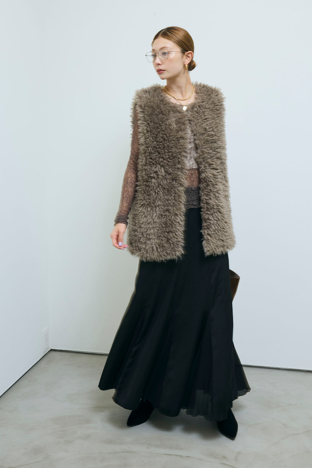 [予約/SET]シアーレーストップス+プードルファーベスト+プリーツシアー切り替えスカート(3set)