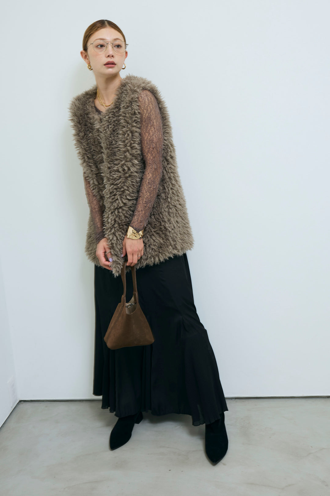 [予約/SET]プードルファーベスト+プリーツシアー切り替えスカート(2set)