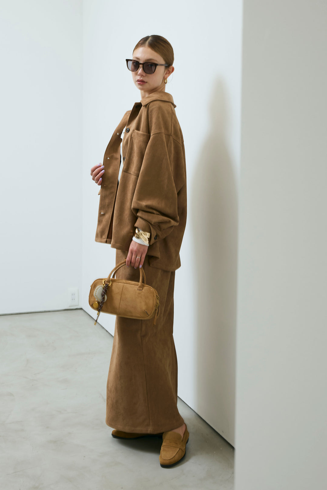 [予約/SET]フェイクスウェードシャツJK+シアーヘンリーネックロンT+フェイクスウェードペンシルSK(3set)