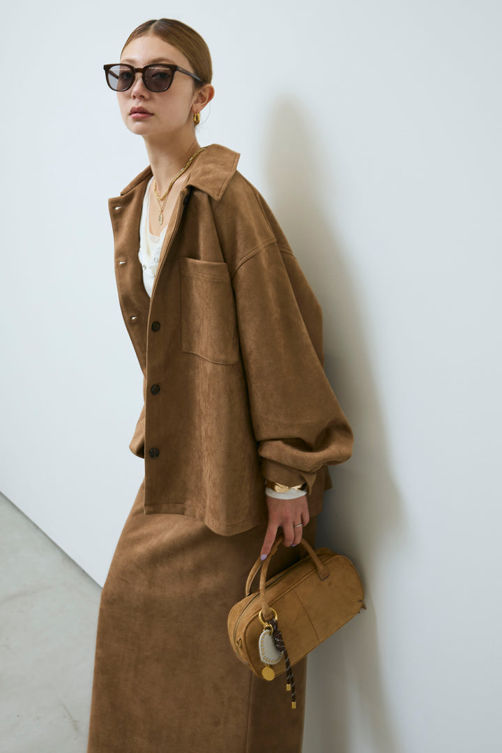 [予約/SET]フェイクスウェードシャツJK+シアーヘンリーネックロンT+フェイクスウェードペンシルSK(3set)