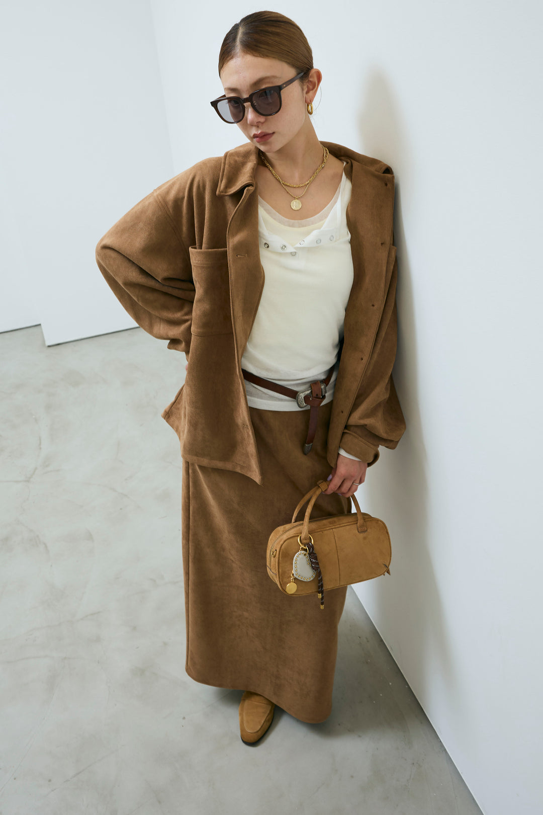 [予約/SET]フェイクスウェードシャツJK+シアーヘンリーネックロンT+フェイクスウェードペンシルSK(3set)