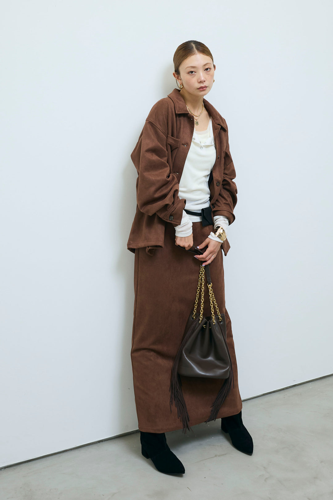 [予約/SET]フェイクスウェードシャツJK+フェイクスウェードペンシルSK(2set)