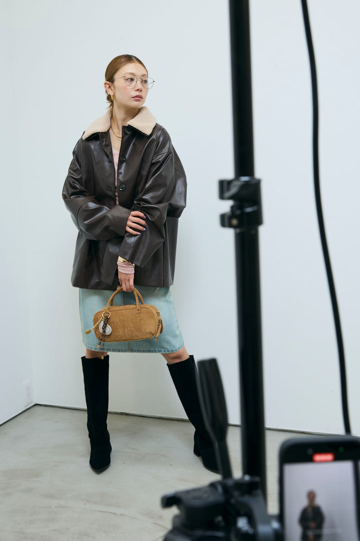 [予約/SET]ボアつきフェイクレザーカバーオール+シアーヘンリーネックロンT+ボックスデニム膝丈SK(3set)