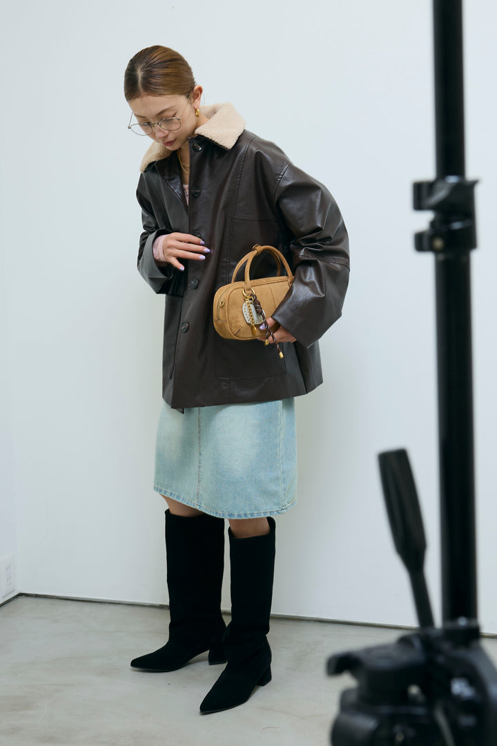 [予約/SET]ボアつきフェイクレザーカバーオール+シアーヘンリーネックロンT+ボックスデニム膝丈SK(3set)