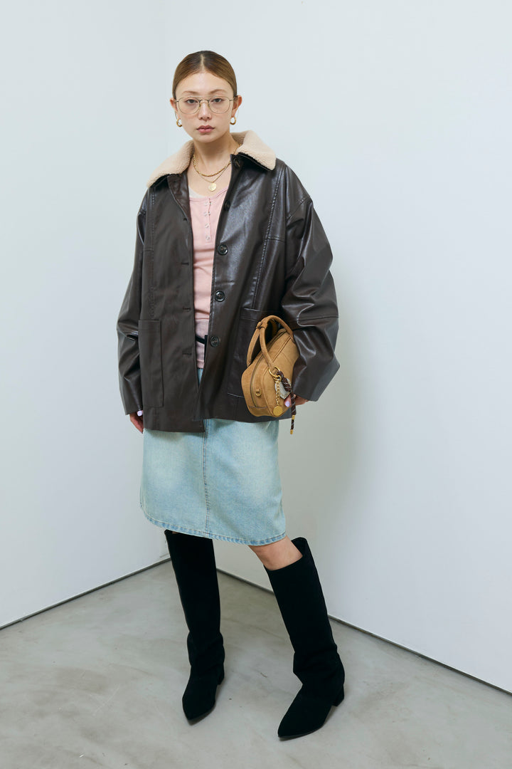 [予約/SET]ボアつきフェイクレザーカバーオール+シアーヘンリーネックロンT+ボックスデニム膝丈SK(3set)