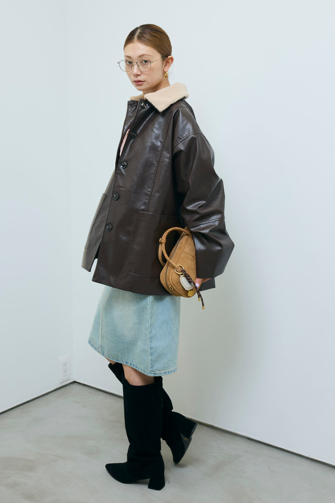 [予約/SET]ボアつきフェイクレザーカバーオール+ボックスデニム膝丈SK(2set)