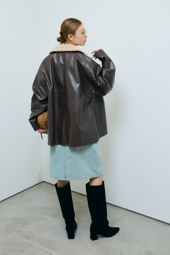 [予約/SET]ボアつきフェイクレザーカバーオール+ボックスデニム膝丈SK(2set)