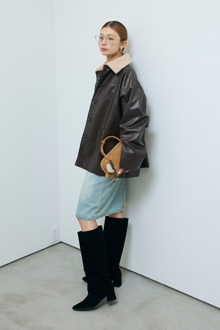 [予約/SET]ボアつきフェイクレザーカバーオール+シアーヘンリーネックロンT+ボックスデニム膝丈SK(3set)