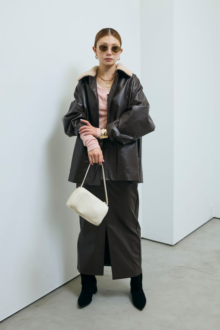 [予約/SET]ボアつきフェイクレザーカバーオール+シアーヘンリーネックロンT+エコレザーバックスリットペンシルスカート(3set)