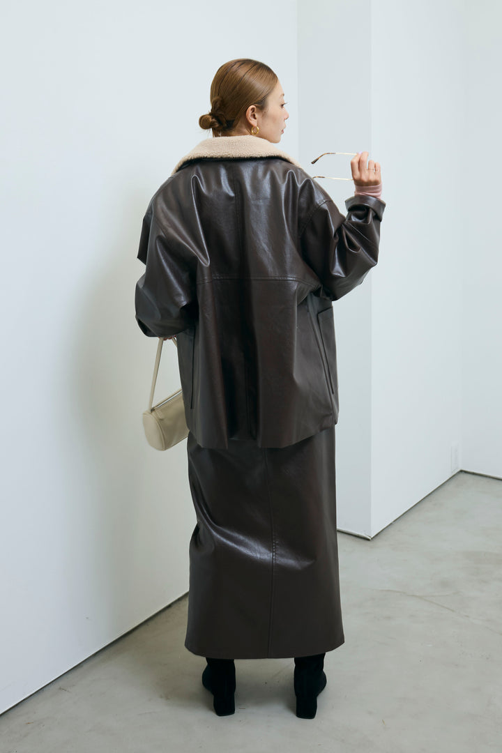 [予約/SET]ボアつきフェイクレザーカバーオール+シアーヘンリーネックロンT+エコレザーバックスリットペンシルスカート(3set)