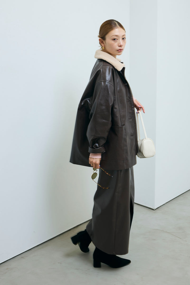 [予約/SET]ボアつきフェイクレザーカバーオール+シアーヘンリーネックロンT+エコレザーバックスリットペンシルスカート(3set)