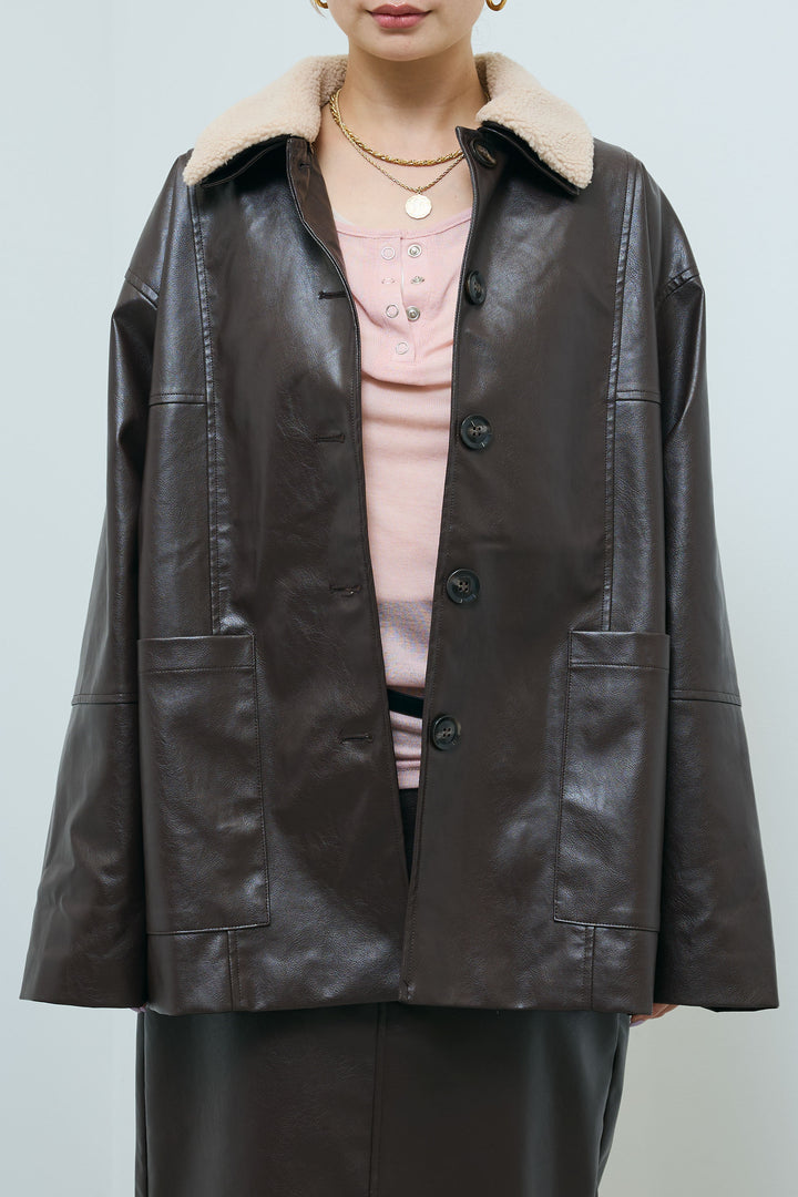 [予約/SET]ボアつきフェイクレザーカバーオール+シアーヘンリーネックロンT+エコレザーバックスリットペンシルスカート(3set)