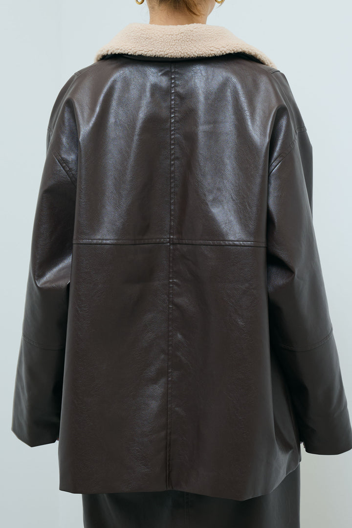 [予約/SET]ボアつきフェイクレザーカバーオール+シアーヘンリーネックロンT+エコレザーバックスリットペンシルスカート(3set)