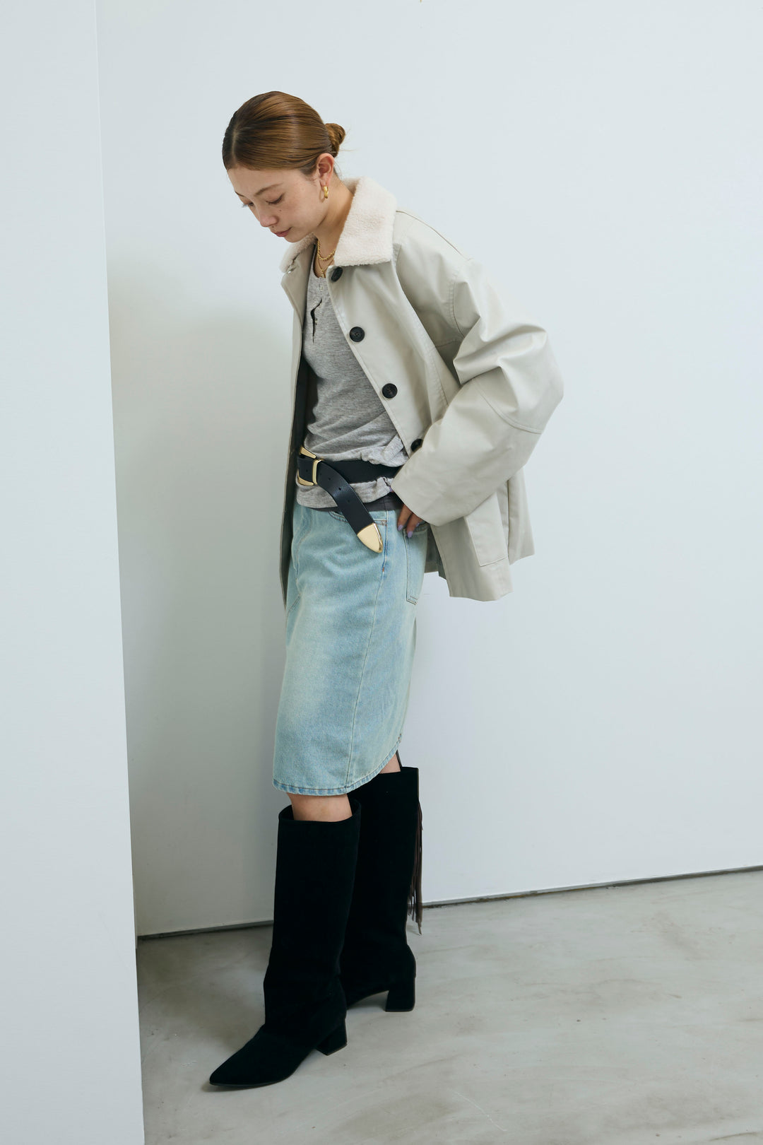 [予約/SET]ボアつきフェイクレザーカバーオール+ボックスデニム膝丈SK(2set)