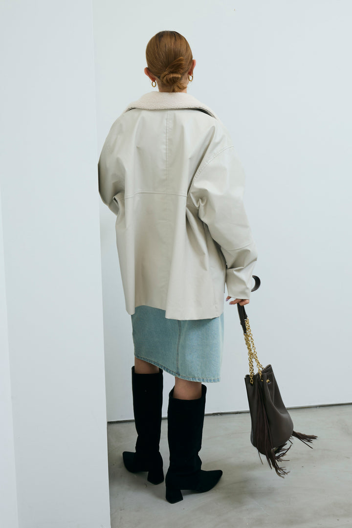 [予約/SET]ボアつきフェイクレザーカバーオール+ボックスデニム膝丈SK(2set)