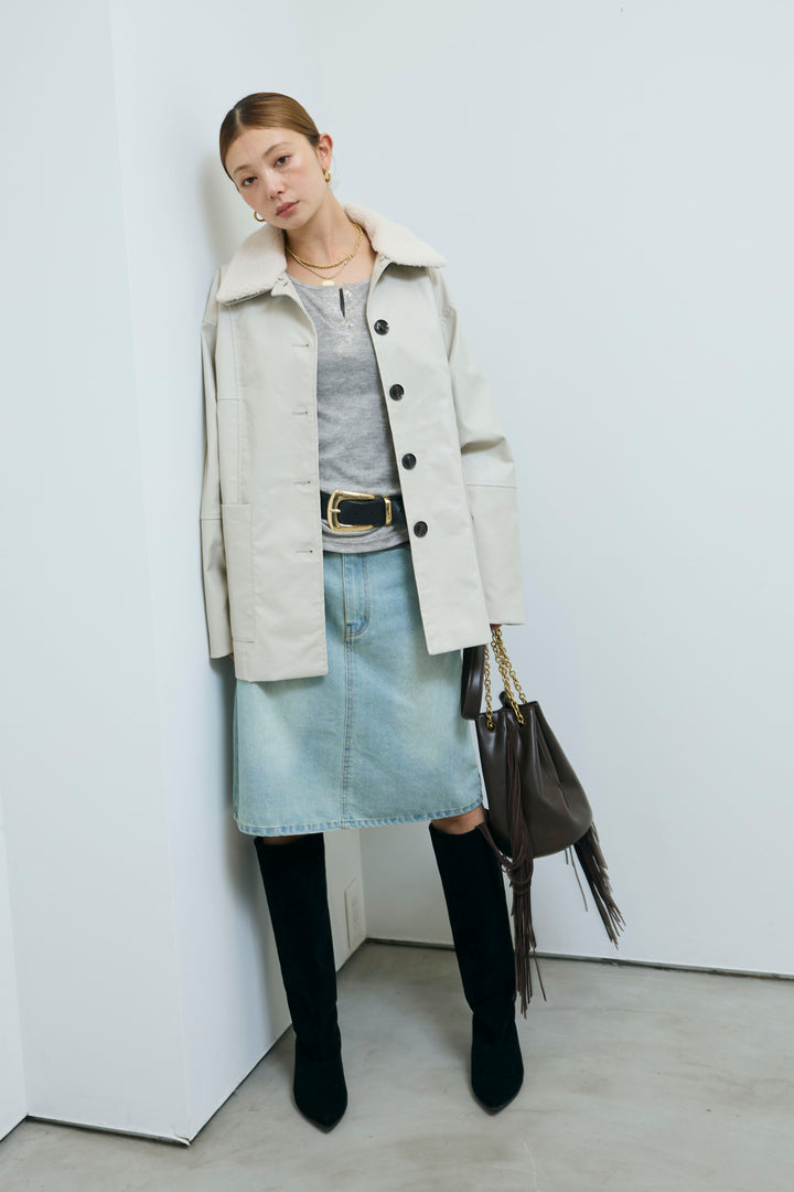 [予約/SET]ボアつきフェイクレザーカバーオール+シアーヘンリーネックロンT+ボックスデニム膝丈SK(3set)