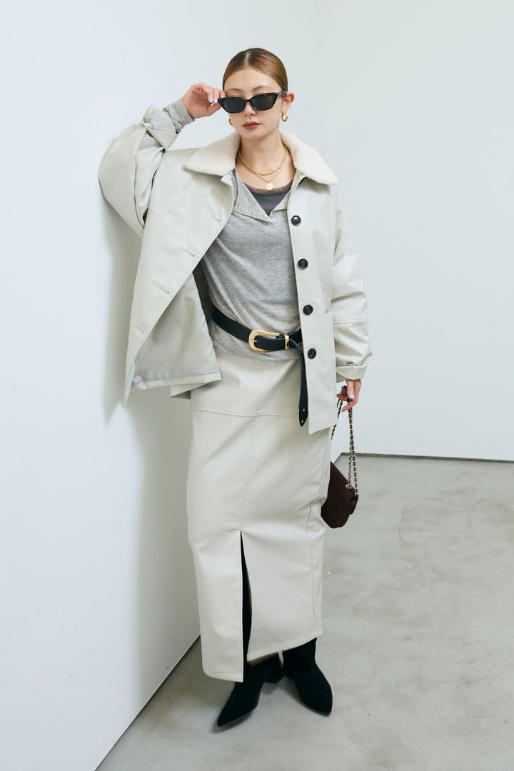 [予約/SET]ボアつきフェイクレザーカバーオール+シアーヘンリーネックロンT+エコレザーバックスリットペンシルスカート(3set)