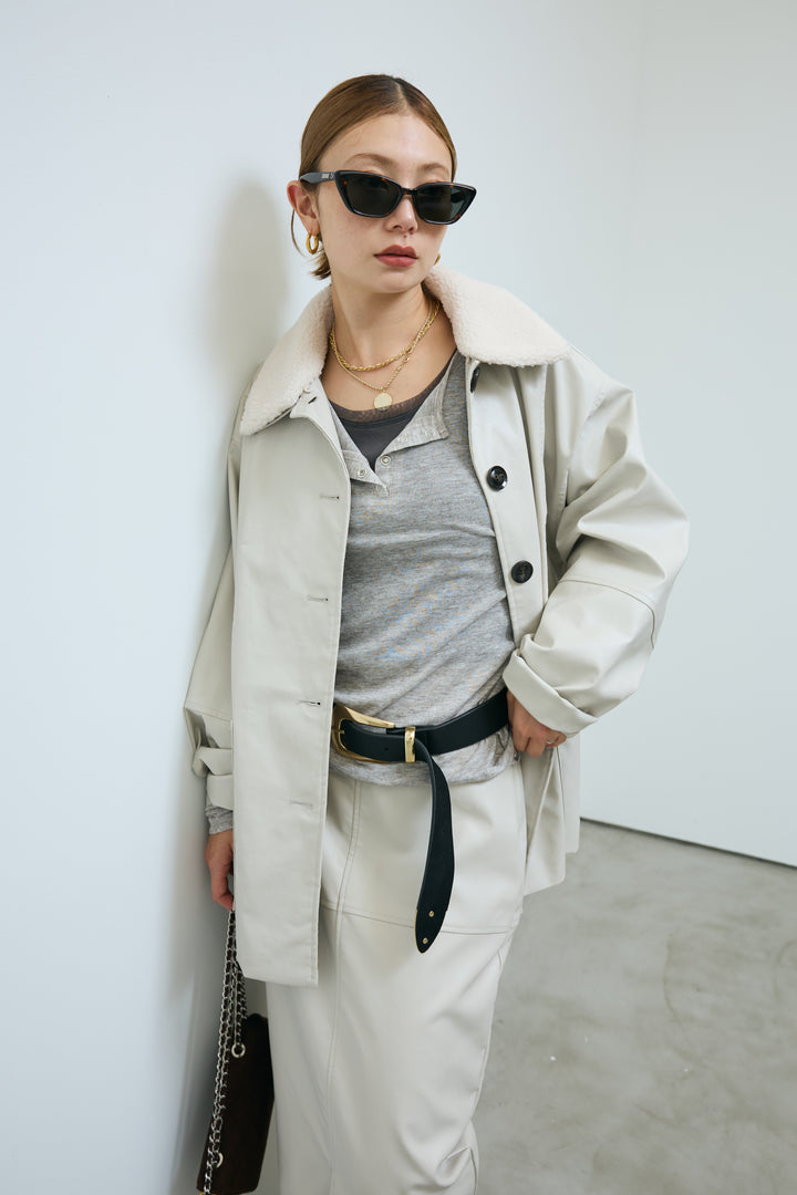 [予約/SET]ボアつきフェイクレザーカバーオール+シアーヘンリーネックロンT+エコレザーバックスリットペンシルスカート(3set)