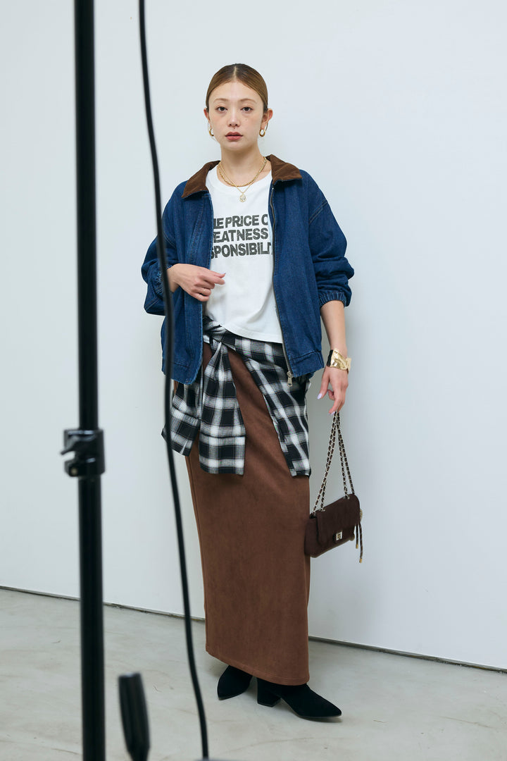 [予約/SET]コーデュロイ襟デニムブルゾン+ピグメントロゴショート丈T+フェイクスウェードペンシルSK(3set)