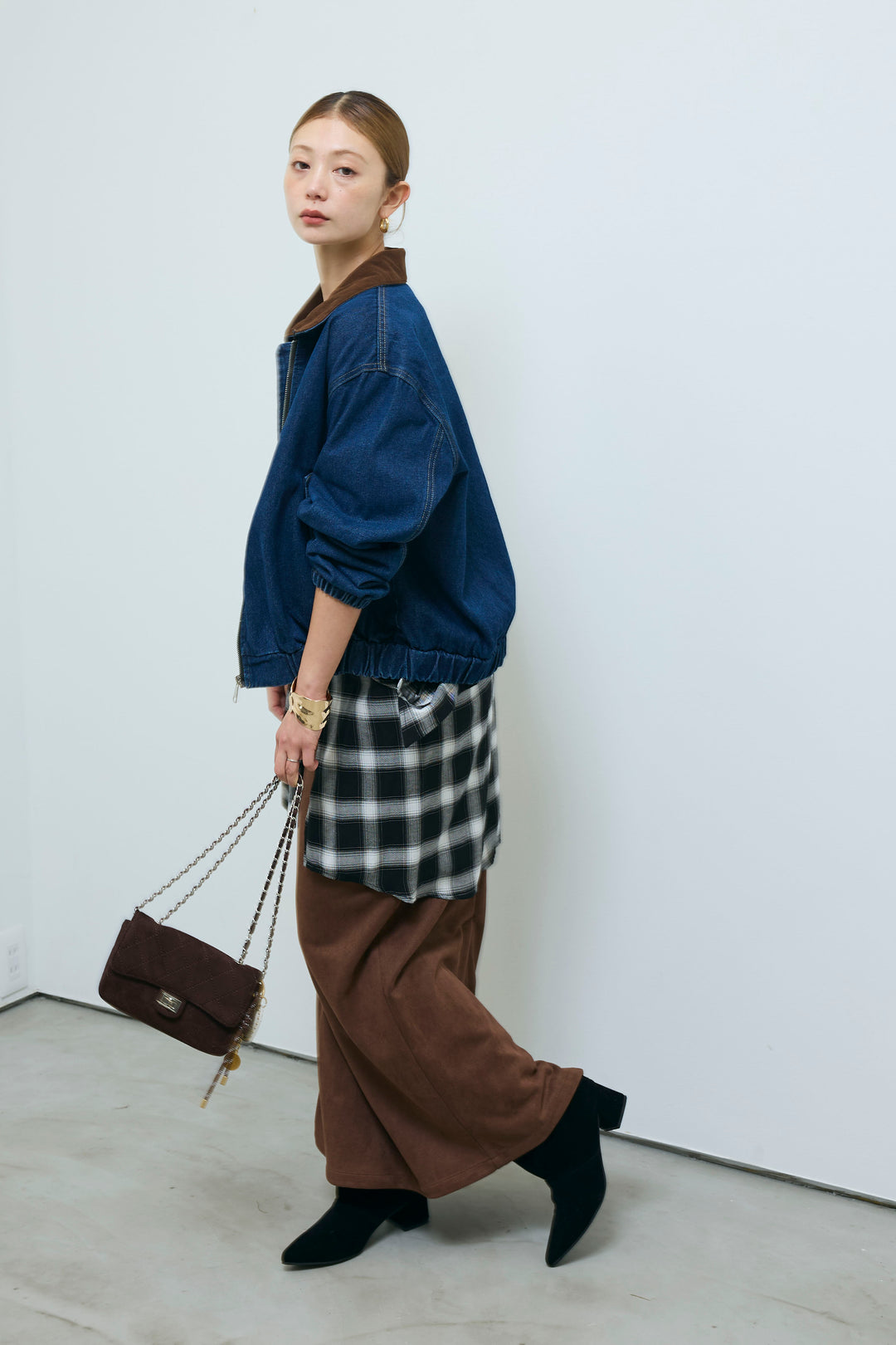 [予約/SET]コーデュロイ襟デニムブルゾン+ピグメントロゴショート丈T+フェイクスウェードペンシルSK(3set)