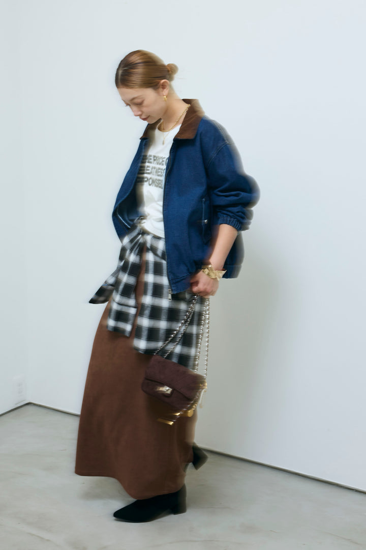 [予約/SET]コーデュロイ襟デニムブルゾン+ピグメントロゴショート丈T+フェイクスウェードペンシルSK(3set)