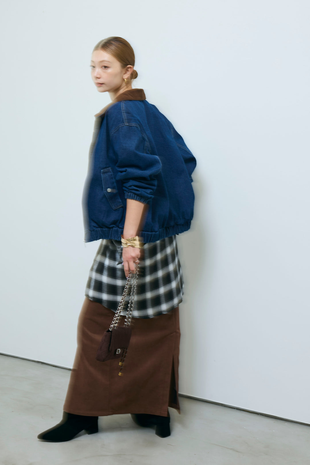 [予約/SET]コーデュロイ襟デニムブルゾン+ピグメントロゴショート丈T+フェイクスウェードペンシルSK(3set)