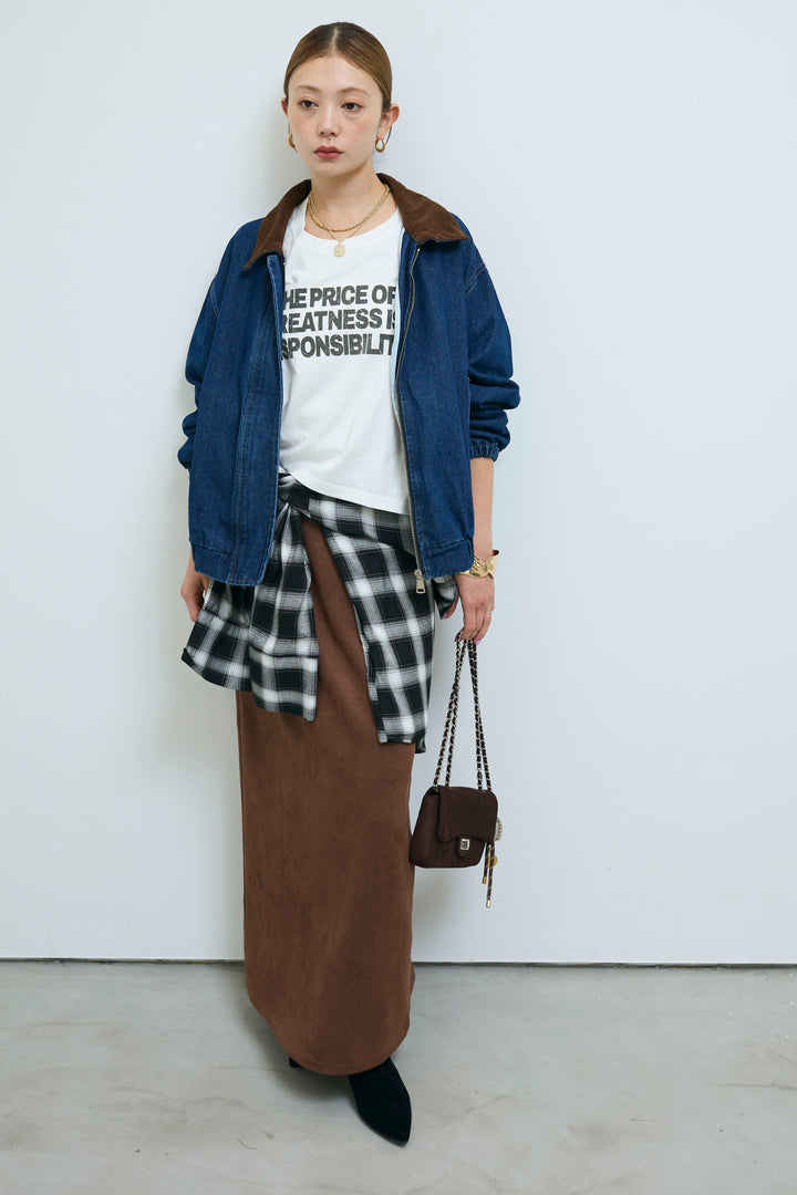 [予約/SET]コーデュロイ襟デニムブルゾン+ピグメントロゴショート丈T+フェイクスウェードペンシルSK(3set)