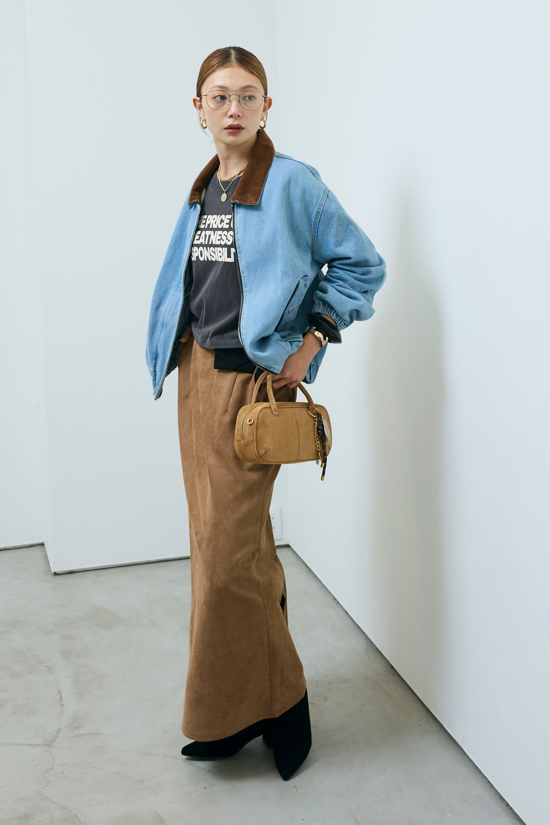 [予約/SET]コーデュロイ襟デニムブルゾン+ピグメントロゴショート丈T+フェイクスウェードペンシルSK(3set)