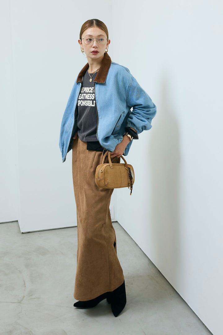 [予約/SET]コーデュロイ襟デニムブルゾン+ピグメントロゴショート丈T+フェイクスウェードペンシルSK(3set)