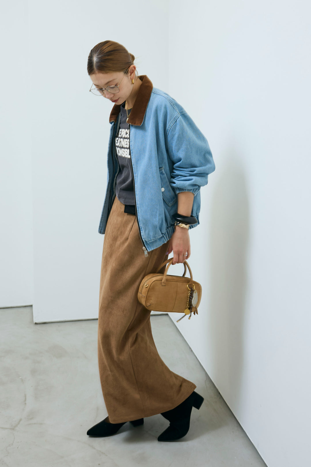 [予約/SET]コーデュロイ襟デニムブルゾン+ピグメントロゴショート丈T+フェイクスウェードペンシルSK(3set)