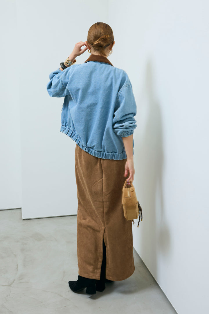 [予約/SET]コーデュロイ襟デニムブルゾン+ピグメントロゴショート丈T+フェイクスウェードペンシルSK(3set)