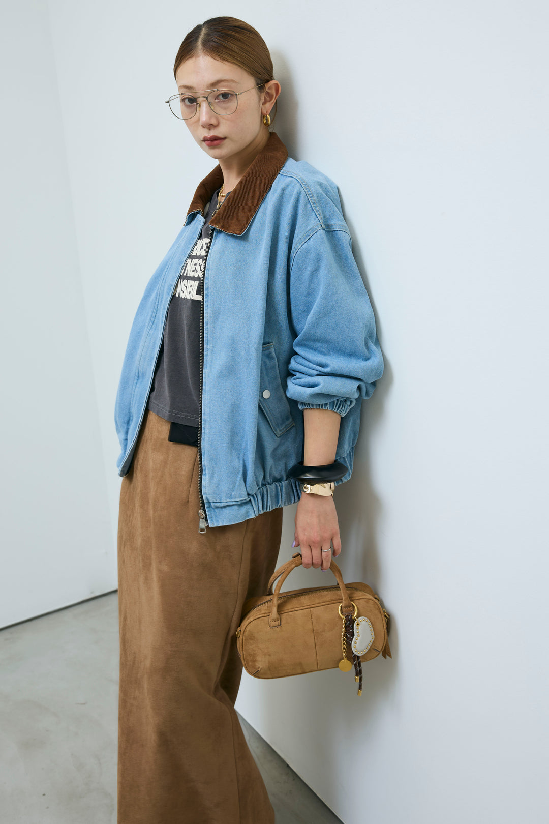 [予約/SET]コーデュロイ襟デニムブルゾン+ピグメントロゴショート丈T(2set)