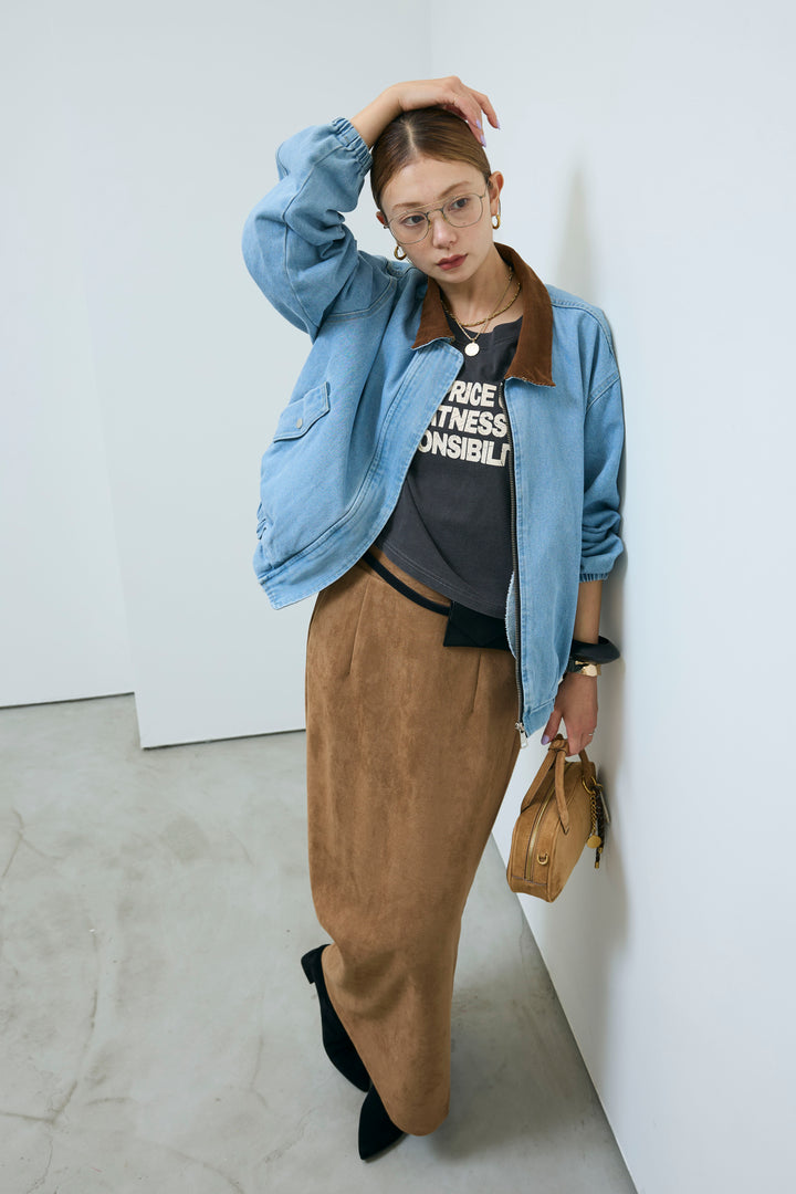 [予約/SET]コーデュロイ襟デニムブルゾン+ピグメントロゴショート丈T+フェイクスウェードペンシルSK(3set)