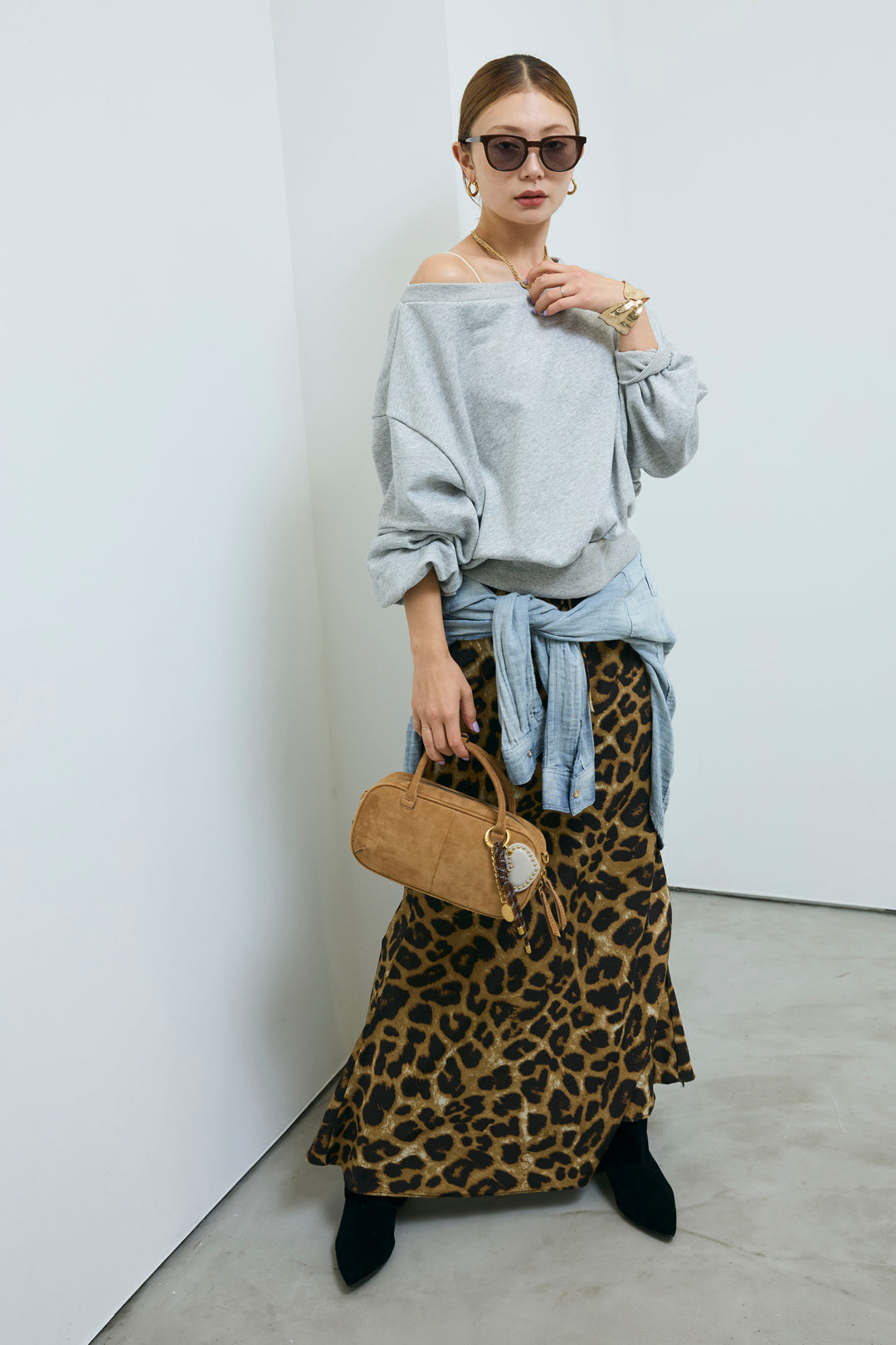 [予約/SET]裏毛アシメショルダープルオーバー+レオパードナロースカート(2set)