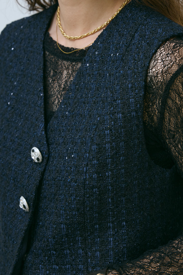 [予約/SET]ビジューボタンラメツイードジレ+裏毛カーブラインワイドパンツ(2set)