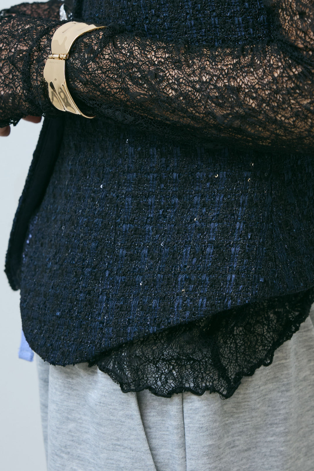 [予約/SET]ビジューボタンラメツイードジレ+裏毛カーブラインワイドパンツ(2set)