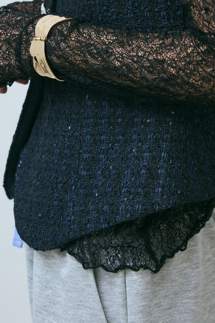 [予約/SET]ビジューボタンラメツイードジレ+シアーレーストップス+裏毛ドッキングパンツ(3set)