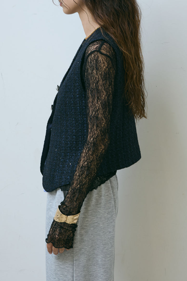 [予約/SET]ビジューボタンラメツイードジレ+シアーレーストップス(2set)