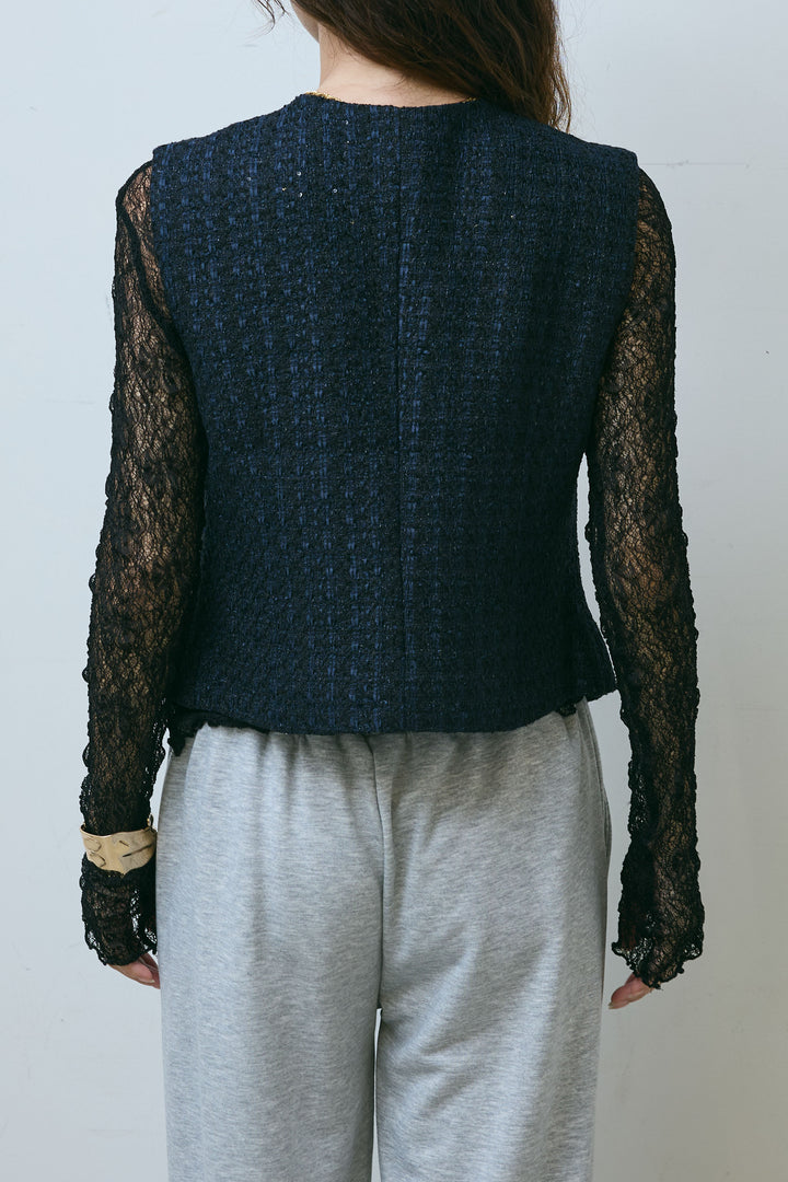 [予約/SET]ビジューボタンラメツイードジレ+シアーレーストップス+裏毛カーブラインワイドパンツ(3set)