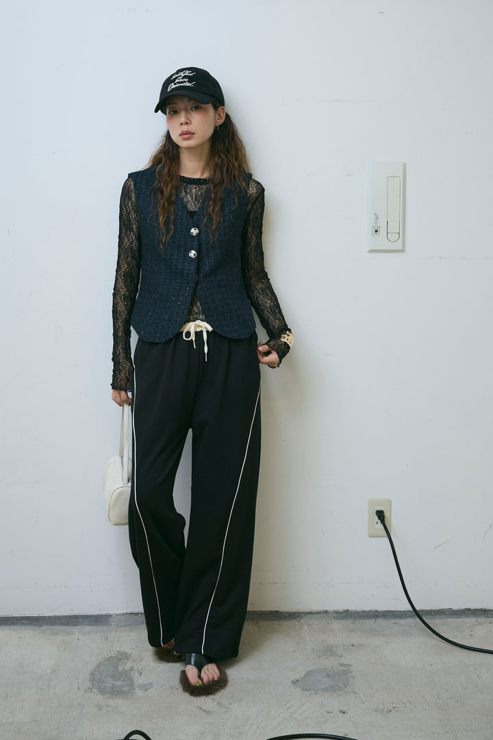 [予約/SET]ビジューボタンラメツイードジレ+シアーレーストップス+裏毛カーブラインワイドパンツ(3set)