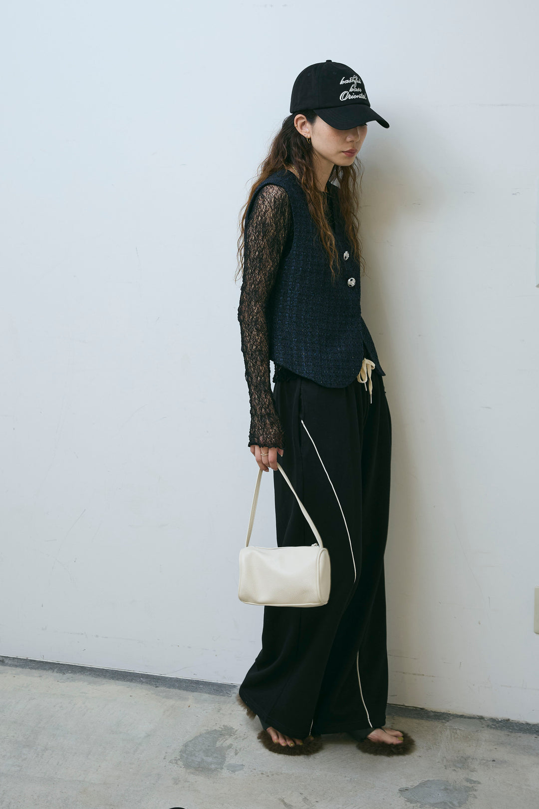 [予約/SET]ビジューボタンラメツイードジレ+裏毛カーブラインワイドパンツ(2set)