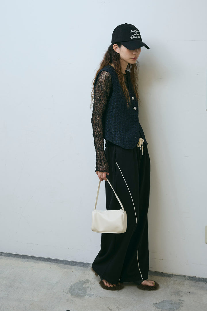 [予約/SET]ビジューボタンラメツイードジレ+シアーレーストップス+裏毛カーブラインワイドパンツ(3set)