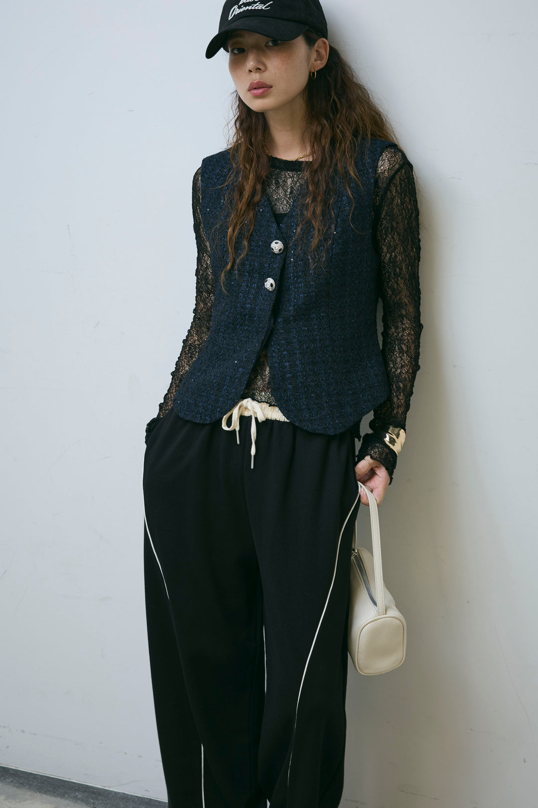 [予約/SET]ビジューボタンラメツイードジレ+裏毛カーブラインワイドパンツ(2set)