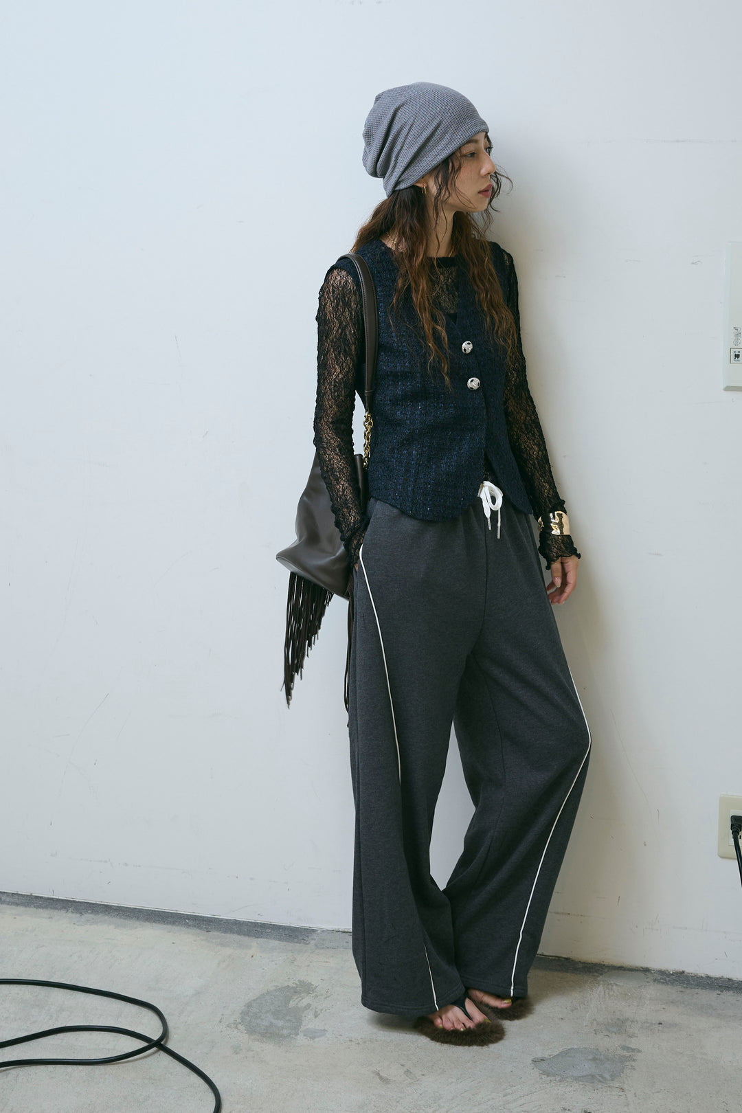 [予約/SET]ビジューボタンラメツイードジレ+裏毛カーブラインワイドパンツ(2set)